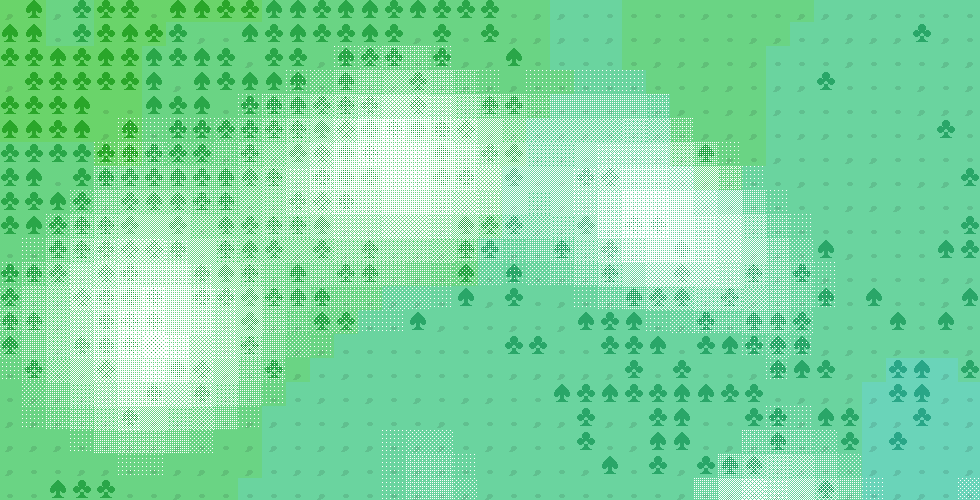 Patches of rain drift across an ASCII landscape